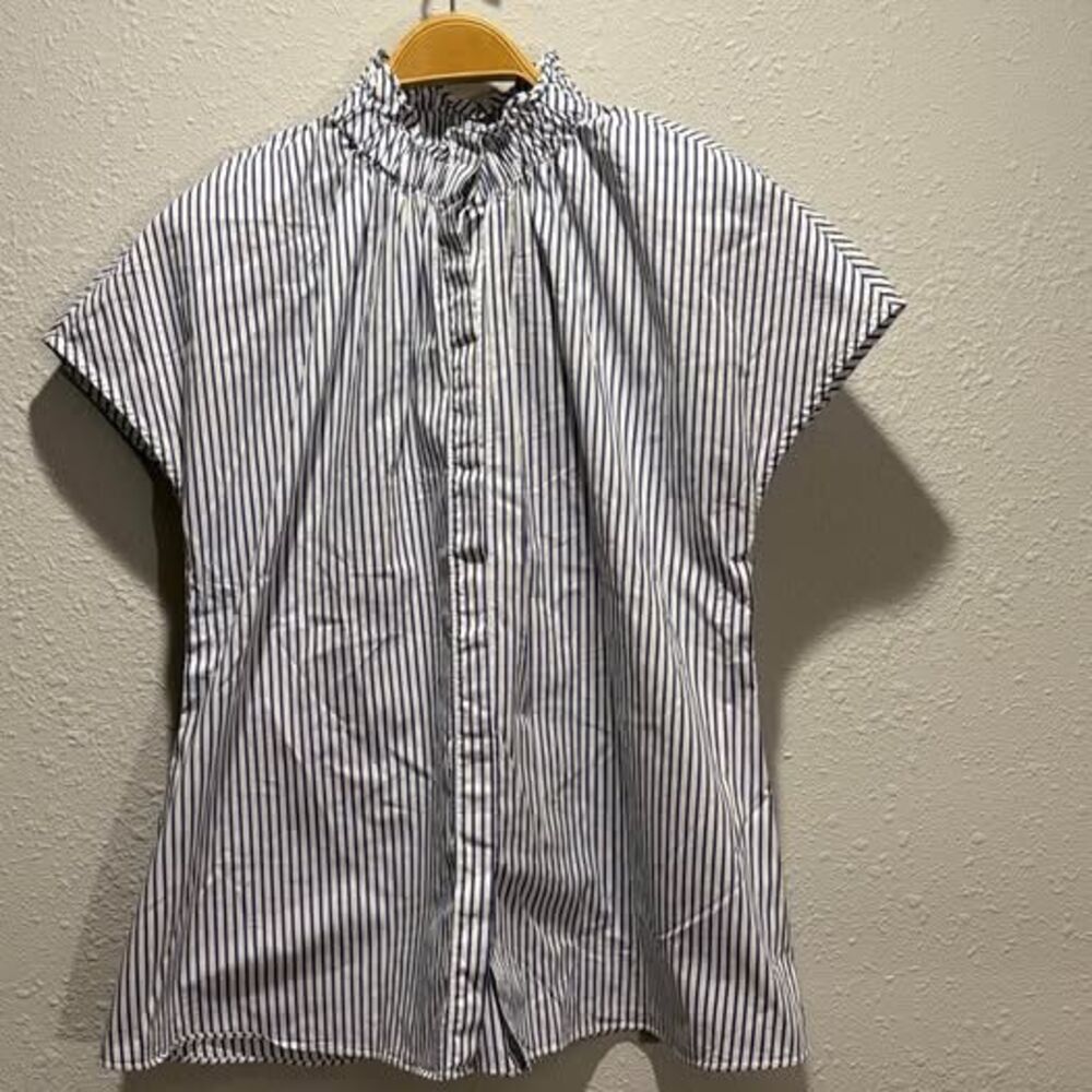 Pomander Place Blue Stripe Rae Blouse Ruffle High Neck Top Tuckernuck Size M